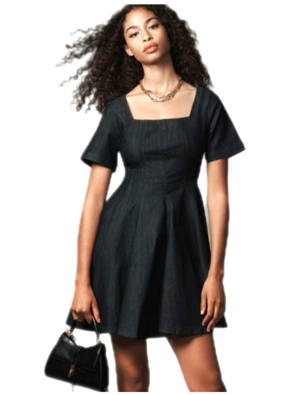 Anthropologie Pilcro Short-Sleeve Square-Neck Dark Denim Mini Dress Size Small
